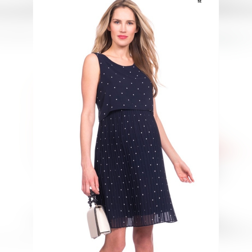 Seraphine maternity pleated polkadot navy dress